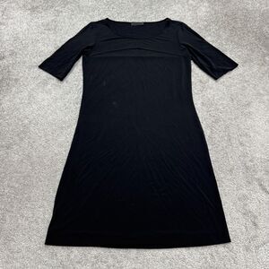 Kathleen Madden Midi Shift Dress Womens Small Black Short Sleeve Round Neck Work